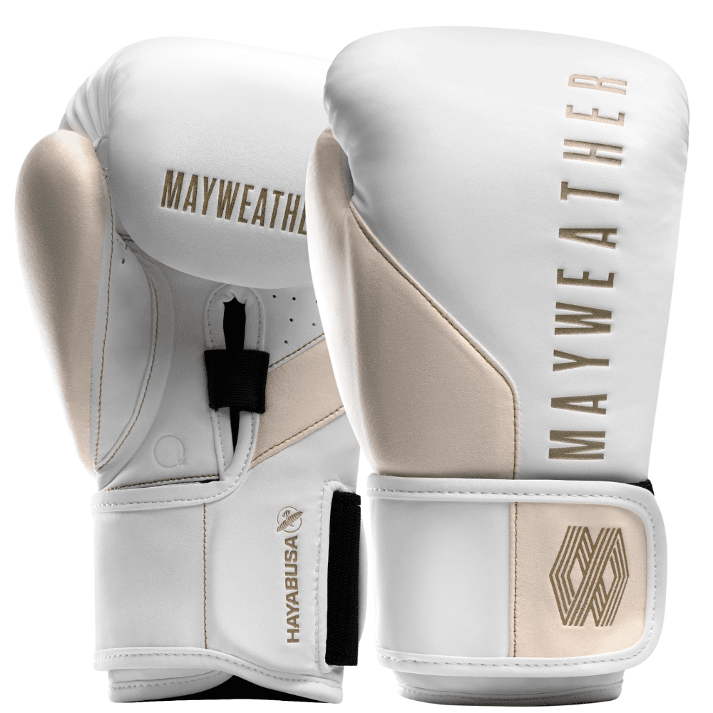 Gants de boxe Hayabusa Mayweather Contender pour hommes et femmes - Blanc/Doré, 14 oz Gants de boxe Hayabusa Mayweather Contender pour hommes et femmes - Blanc/Doré, 14 oz